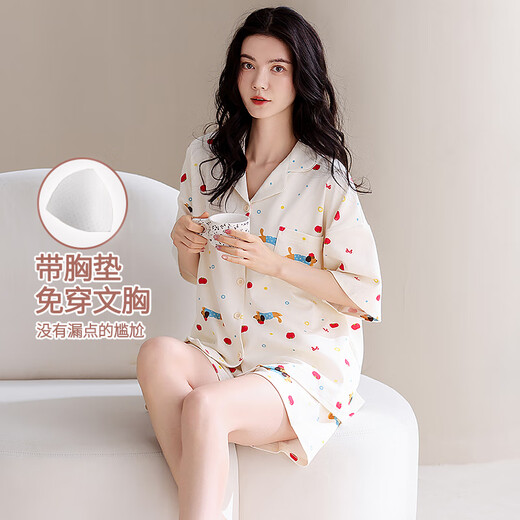 猫人（MiiOW）睡衣女士纯棉夏季带胸垫透气少女休闲2025新款可外穿家居服套装 可爱狗狗 【100%新疆棉 带胸垫】 M 【建议体重80-105斤】