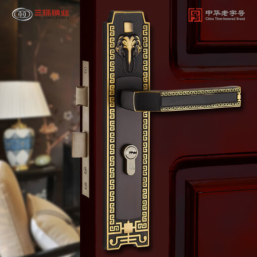 Drei-Ring neue chinesische Messing-Türschloss in Innenräumen Stille antike massive Holz Türgriff Schlafzimmer-Türgriff Handschlos