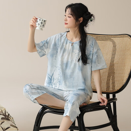 Langsha Nouveau pyjamas chinois pour femmes en été imitation d'été Coton Sleeves 2025 Style chinois pliant des vêtements inférieurs décontractés 9902 M