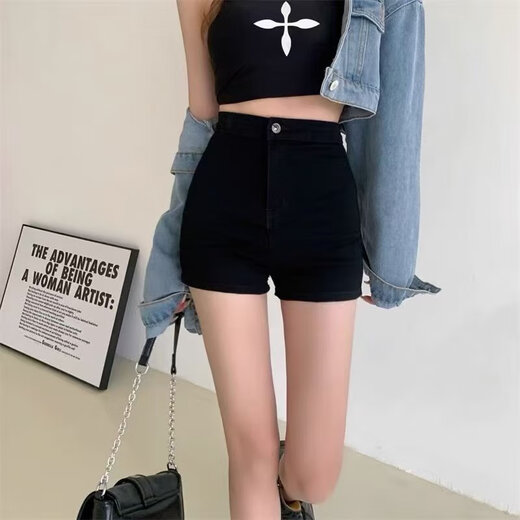 JIOESC denim shorts super shorts new summer bag hip high waist slim stretch hot pants versatile hot girl casual outer wear pants black M
