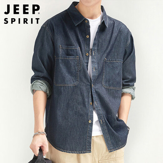 JEEP SPIRIT Jeep denim shirt men's autumn and winter American workwear retro jacket men's long-sleeved shirt men's dark blue XL
