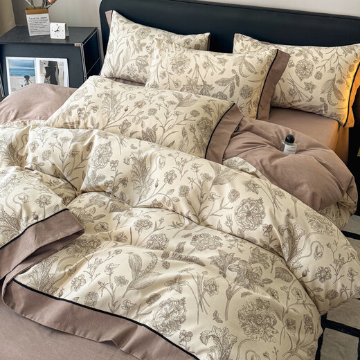 Light luxury 100-count thickened cotton brushed four-piece set pure cotton autumn and winter warm bed sheet quilt cover and fitted sheet three-piece set, rich in love, skin-friendly and soft, 1.8m bed sheet four-piece set