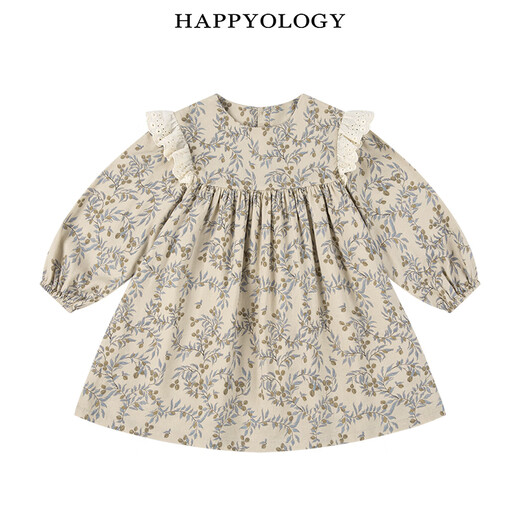 Happyology British children's new spring and summer children's clothing skirt retro long-sleeved embroidered lace girls' dress with vine walnut branches-blue gray 86 (86cm)
