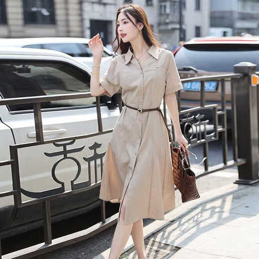 OLJ轻奢品牌连衣裙女2025年夏季新款高级感气质显瘦小翻领衬衫裙子 卡其色 XL