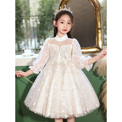 Gemmes colorés Petite fille robe haut de gamme Robe princesse Girls Performance Suit Light Luxury Niche Host 9215 White Long Mancheve [Jupe simple] M 120C