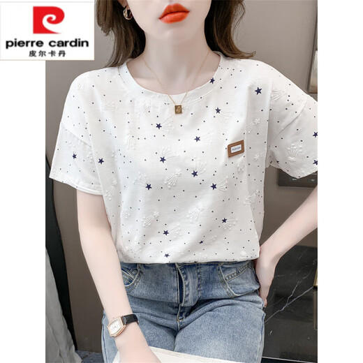 皮尔卡丹（pierre cardin）纯棉印花t恤女短袖夏装2025年新款宽松印花设计感百搭体恤上衣潮 广州十三行5009#紫色版 S 适合80-99斤