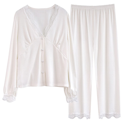 2025 Neue sexy Spitzen-Pyjamas für Frauen im Frühling und Herbst reines Baumwolldünne langärmeliger Anzug Palaststil Home Clothing 1048#Mint Green M.