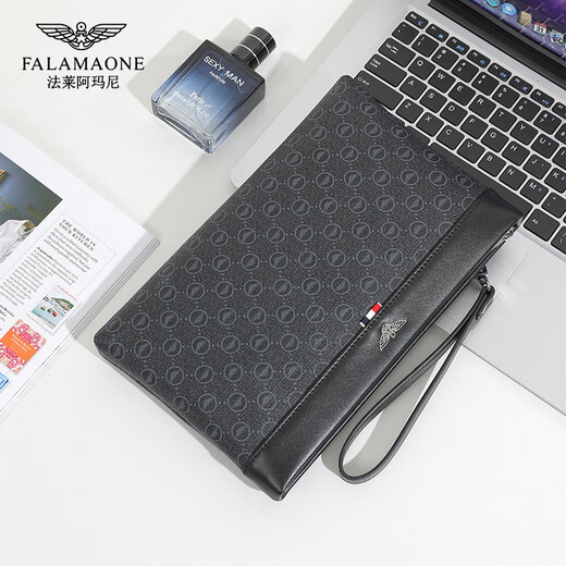 FALAMAONE Luxury Men's Handbag Men's New 2025 Light Luxury Business Clutch High-end Leather Zipper Handbag Black