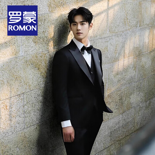 ROMON haute couture suit with lapel collar, groom's wedding suit, men's business professional formal dress, slim tuxedo dress, black single-breasted lapel collar/three-piece suit