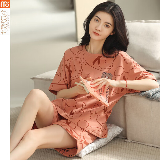 莫代尔睡衣女夏季2025年新款全棉短袖套装薄款可外穿卡通休闲家居服 Y9856 M 建议75-95斤