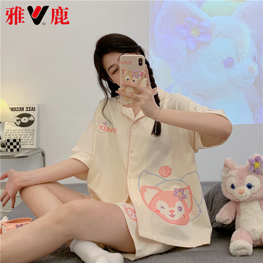 雅鹿高档2025新款睡衣女款夏季纯棉短袖短裤夏天少女生夏款女士家居服 12347带胸垫 L 100-115
