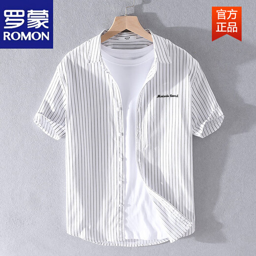 罗蒙（ROMON）男士条纹衬衫短袖宽松夏季薄款日系休闲百搭纯棉衬衣夏装衣服 9721白色 M 100斤左右