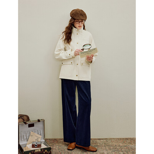
Inman retro simple stand collar work jacket 2025 autumn women's new pure cotton slim loose top light apricot color XL