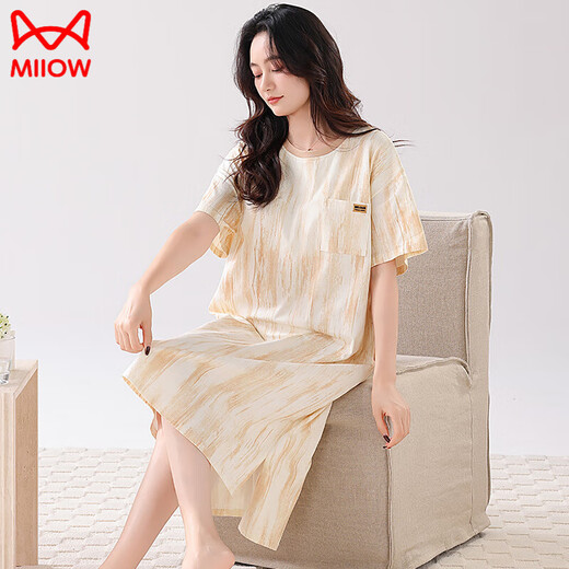 MiiOW 2025 new style pajamas with breast pads for women, summer pure cotton short-sleeved thin black and white striped mid-length pajamas skirt without breast pads 14108 M 160 recommended weight 80-100 Jin Jin is equal to about 0.5 kg