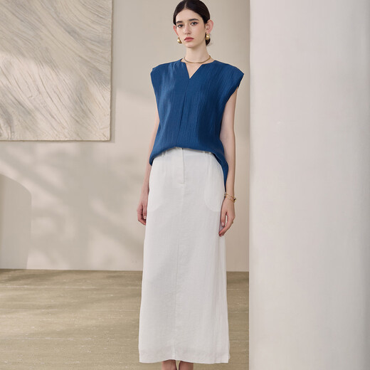 Roeyshouse French Light Are Mature Style Hochqualitätsfarbig V-Ausschnitt Shirt 2025 Sommer Neu einfaches ärmellose Top für Frauen 12356 Blau L.
