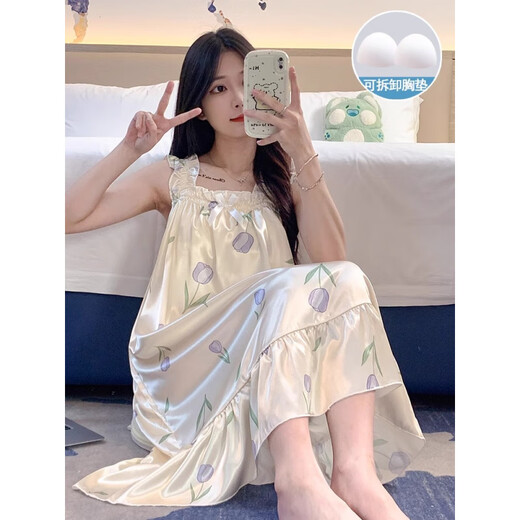 诸禄睡裙女夏季自带胸垫冰丝凉感吊带睡衣夏女士甜美可爱家居服 3889【不可拆胸垫】 M 【75-100斤】