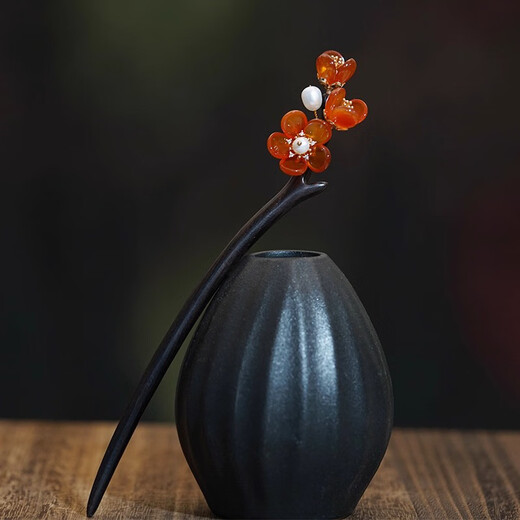 Kamalun (KAMALUN) red agate plum hairpin black sandalwood hairpin handmade Hanfu headwear high-end daily wear new Chinese style hairpin red agate plum blossom A style pole length 18 cm