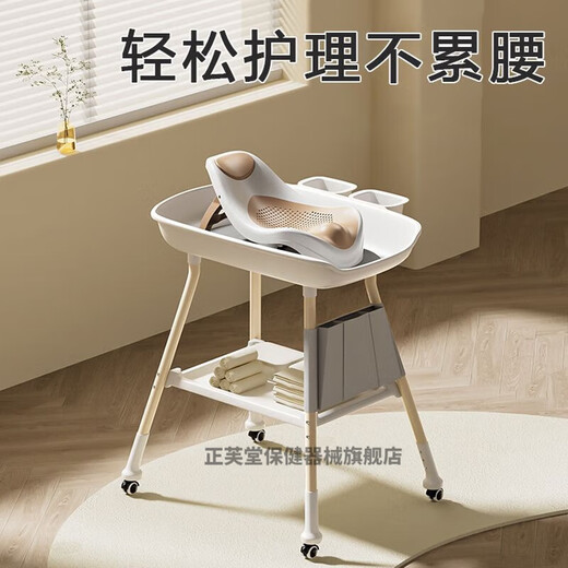 馍彭婴儿换尿布操作台护理新生儿宝宝洗澡按摩抚触多功能可移动 莫兰迪白 轮+侧袋+软垫+储物框2