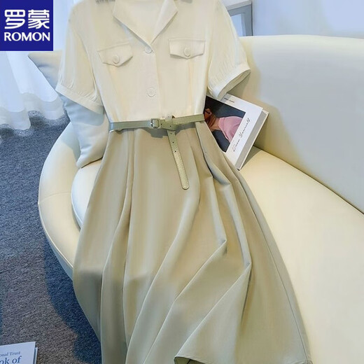 罗蒙（ROMON）假两件翻领撞色连衣裙2025新款女夏季薄款透气收腰显瘦A字中长裙 米白+艾草绿假两件 XL