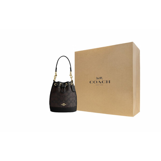 蔻驰（COACH）Dempsey15品牌徽标抽绳开合PVC拼皮水桶包单肩手提斜挎包迷你女款 礼盒装(基础装+黑色专柜礼盒)