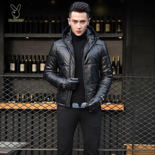 花花公子（PLAYBOY）2025冬季新款真皮质感皮衣男短款潮流修身夹克连帽加厚休闲外套男 黑色 2XL 180码-140-155斤
