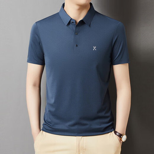 K-Boxing Men's Short Sleeve T-Shirt Mulberry Silk Summer Thin Business Casual Fashion Lapel Men's Polo Shirt Gray Blue 699 2XL 185/100A