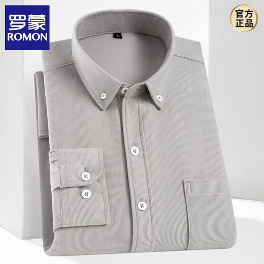 罗蒙（ROMON）2025春秋款男士长袖灯芯绒衬衫男纯色条绒宽松中老年休闲衬衣男 藏青灯芯绒 加绒 口袋无扣 38 【80-105斤】