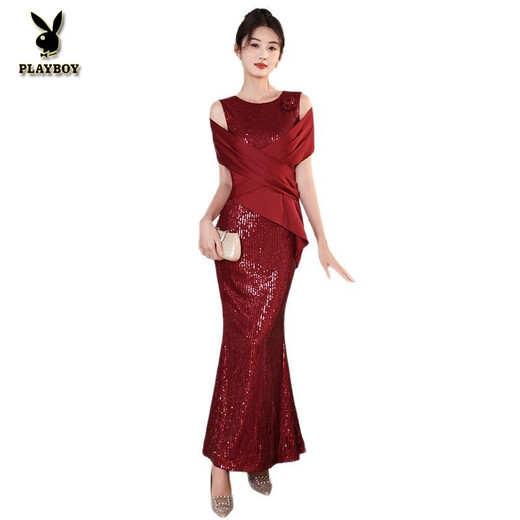 Playboy (Playboy) Vestido de noche de color burdeos 2025 NUEVA FUBLIÓN LUMENTA LUMENTE LUXURO MANEVELESS TEMPERAMENTO LEQUENTO TEMPERAMENTO VESTIS