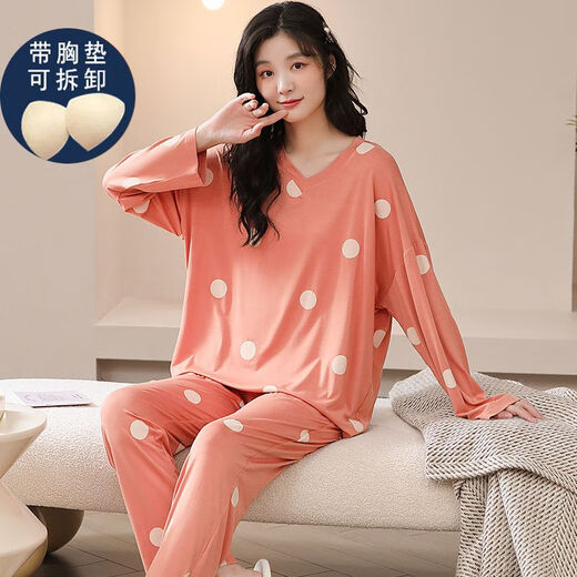 Yalu Brust Pad Modal Pyjamas für Frauen im Frühjahr und Herbst Langarmdünde große Größe und Fett losen Eisseide Kleidungsstück mit Brustpolster 3881 2xl (140-160jin [Jin gleich 0,5 kg])