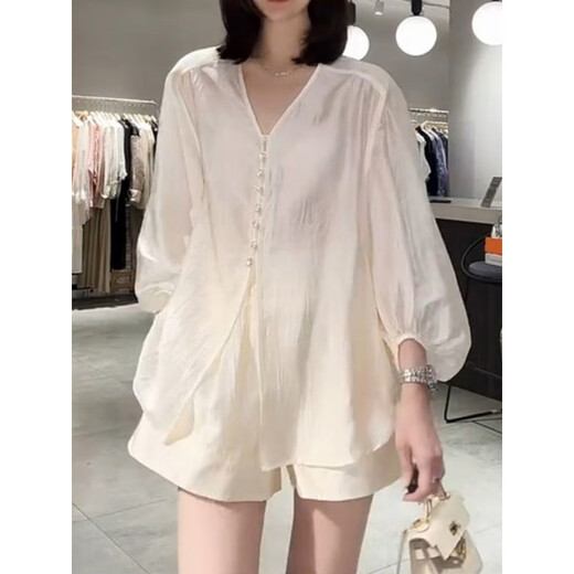 恒源祥2025夏季新中式国风长袖防晒服上衣套装女显瘦百搭时尚短裤两件套 白色 3XL 125-140斤