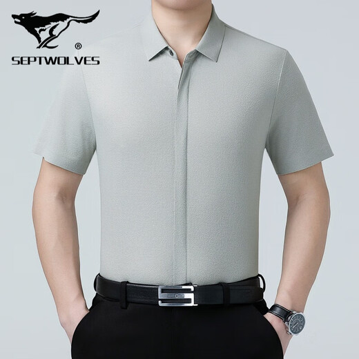 Sieben Wolf Mulberry Silk Short Sleeve Shirt Herren Sommer Neues Freizeitgeschäft No Bügelhemd mit mittleren Alter dünne halbärmelige Top 6913 Graues Grün 4xl 195/135