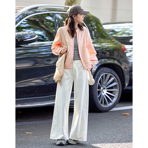 DME (dme) fashionable three-dimensional wrinkle spring workwear style stand collar rubber hem long sleeves hide flesh and easy to wear short coat for women Pink M