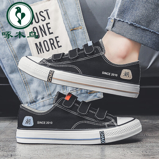 
Woodpecker canvas men's shoes for autumn breathable single shoes men's trendy versatile shoes men's casual board shoes Velcro lazy shoes A1315 black and blue 35
