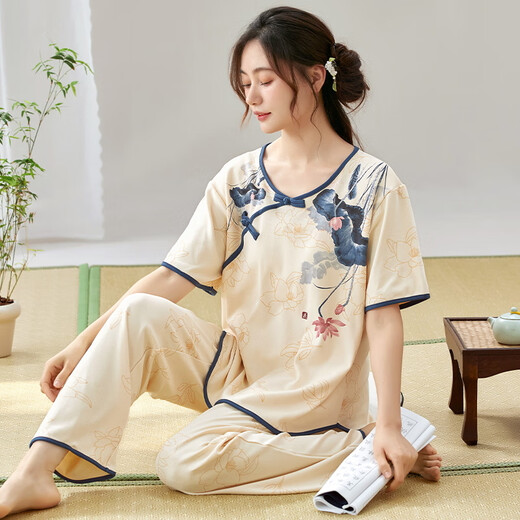 MUJI COM无印良品MUJ同款家居服女士短袖睡衣套装夏季薄款长裤夏天新中式 LZY9905 M (建议75-95斤)