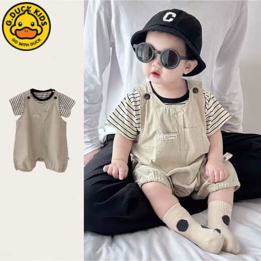 G.DUCKKIDS婴儿背带裤套装夏季薄款宝宝条纹两件套2025新款儿童夏装连体哈衣 JL条纹短袖背带套装-卡其色 80