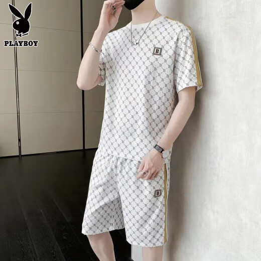 Playboy Casual Two-Tiefe Set Herren Sommereis Ice Seide Thin Sportswear Set Herren trendy T-Shirt Kurzarm Short/Hosen ein komplettes weißes Set [Kurzarm + Hosen] L (Empfohlen 115-135jin [Jin gleich 0,5 kg]))