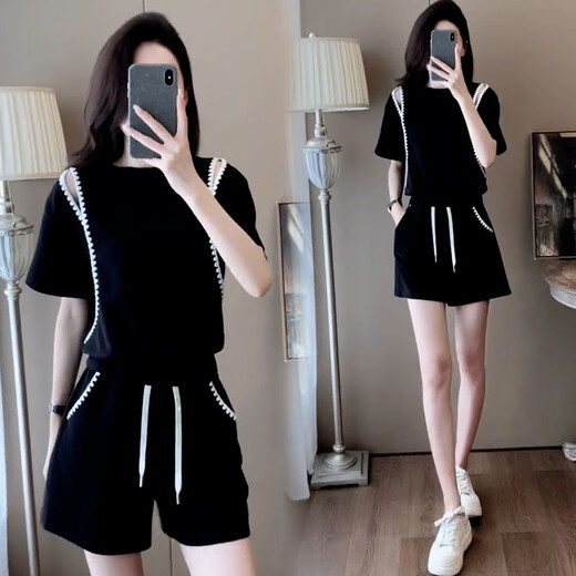 Hengyuanxiang Casual Sportswear Set für Frauen 2025 Sommer neuer Off-Shoulder-Kurzhülsen kleine Hochtülen-Shorts Zwei-teilige Set Black M [Vorgeschlagen 95-105jin [Jin entspricht 0,5 kg]]