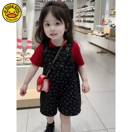 G.DUCK女童背带裤夏季套装2025新款洋气中小童夏天短袖儿童背带裤两件套 黑色碎花背带裤+红色T 110
