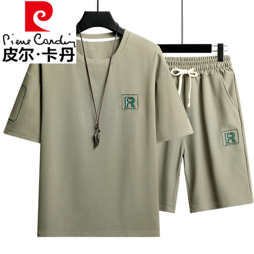 Pierre cardin men's short-sleeved T-shirt 2025 new fashion trend casual sports suit loose versatile simple breathable half-sleeved [Set] 829 khaki L recommended 120-140 Jin [Jin equals 0.5 kg]