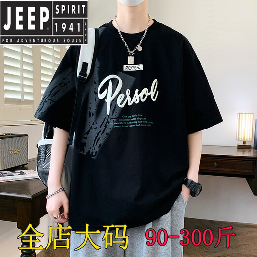 JEEP SPIRIT大码男装宽松短袖T恤高生夏季五分袖加肥加大圆领上衣服 D693款五分袖黑色 M (90-105斤)
