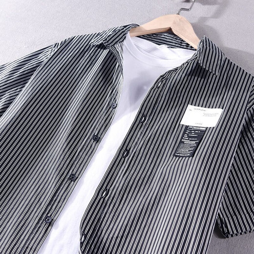 Camisa a rayas Septwolves para hombre, manga corta, verano, delgada, japonesa, retro, algodón puro, sin hierro, estilo coreano, camisa informal de media manga con etiqueta 9766 blanco arroz M adecuado para peso 110-125 Jin Jin equivale a 0,5 kg