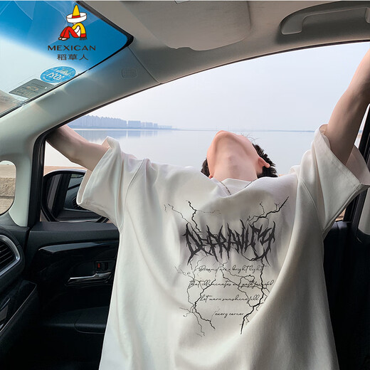 
Scarecrow high street design sense blurred lightning letter printing short-sleeved T-shirt men's summer trendy brand loose half-sleeved T-shirt top white T3894 L