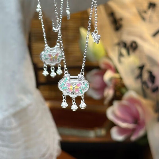 VTLS999 sterling silver necklace women's foot silver safety lock enamel pendant Christmas and Valentine's Day gift for girlfriend S999 sterling silver necklace bow gift box + engraving