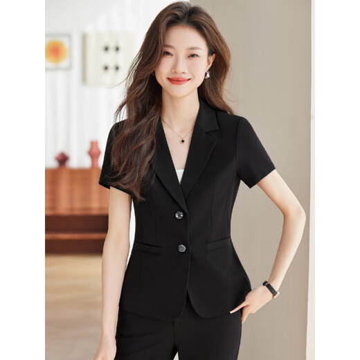 璐依雅涵酒店前台接待工作服黑色短袖西装套装工装薄款气质职业正装 A9928一粒扣黑色西装+裙子 S