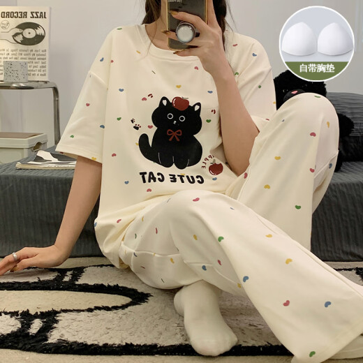无就（WUJIU）女款2025夏季带胸垫甜美可爱条纹短袖长裤夏天家居服 SSM-9207【自带胸垫】 M 【75-95斤】