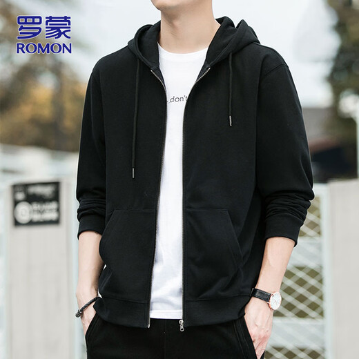 ROMON Cardigan Sweater Men's Spring and Autumn Hooded Jacket Men's Casual Sports Jacket Men's Top Black XL