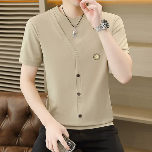 
Woodpecker (TUCANO) summer ice silk knitted fake two-piece short-sleeved T-shirt men's Korean style slim and cool and thin half-sleeved T-shirt top 6625 black M (90-110Jin [Jin equals 0.5 kg])