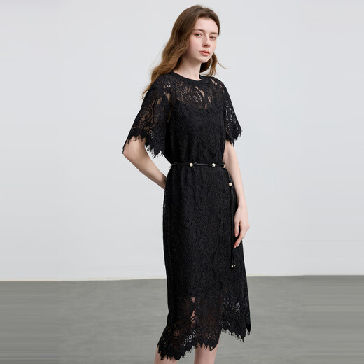 Drei Farbe 2025 Sommer Neues Spitzenkleid Zweiteiler Gürtel Taille geschlossen romantisch schwarz l 165/88a