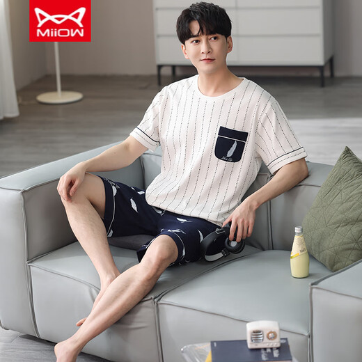
Catman MIIOW Men's Summer Pure Cotton Shorts Shorts Youth Summer Thin Stripes Can Wear Outside Casual Home Clothing Set Pure Cotton FA#6623 L Recommended-125Jin[Jin is equal to 0.5 kg]