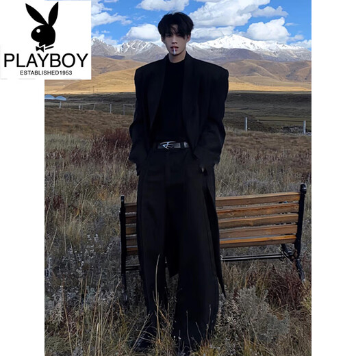 Playboy (PLAYBOY) black woolen coat men's mid-length autumn and winter British style windbreaker cleanfit Korean woolen coat black upgraded version XL